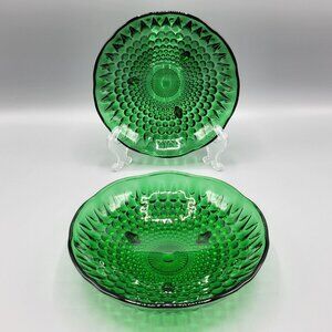 Vintage 2 Anchor Hocking Glass Nut Dish Emerald Green Footed Ruffle Edge Hobnail